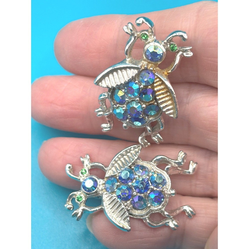 Vintage Rhinestone Ladybug Brooch Pin‎ Set Blue Green Silver Tonen